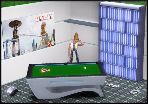 33 sims 3 en route vers le futur CAS objets billard bibliothèque affiche sim city