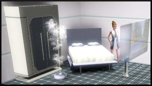 38 sims 3 en route vers le futur CAS objets télévision holographique plante lit commode