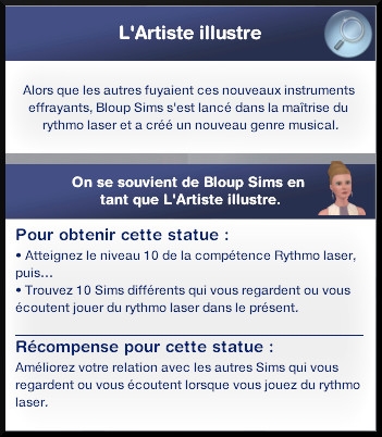 111 sims 3 en route vers le futur voyager dans le futur statue commémorativ eartiste illustre rythmo laser almanach