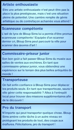 4  sims 3 universite carriere agent sportif concepteur jeux video expert art artiste enthousiaste scanneur competant commissaire priseur junior transporteur pro du transport