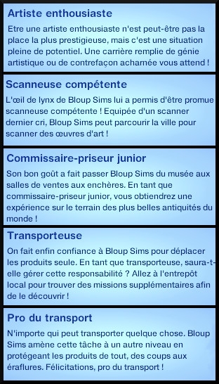 4  sims 3 universite carriere agent sportif concepteur jeux video expert art artiste enthousiaste scanneur competant commissaire priseur junior transporteur pro du transport