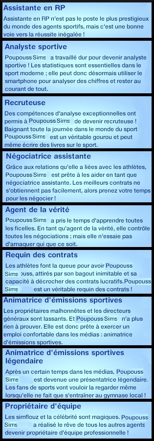 30 sims 3 universite carriere agent sportif concepteur jeux video expert art assistant RP analyste sportif recruteur negociateur assistant agent vertie requin contrats animateur emission sportives legendaires proprietaire equipe