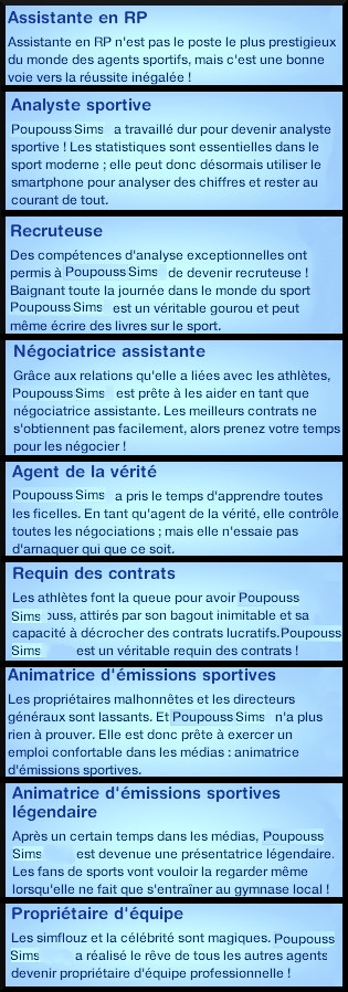 30 sims 3 universite carriere agent sportif concepteur jeux video expert art assistant RP analyste sportif recruteur negociateur assistant agent vertie requin contrats animateur emission sportives legendaires proprietaire equipe