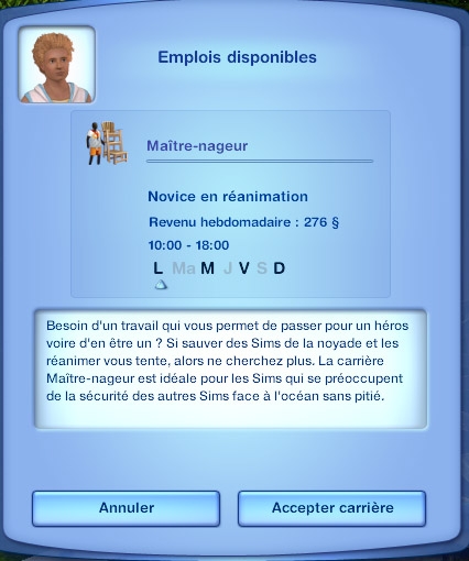 Sims 3 Île de rêve emploi maître nageur