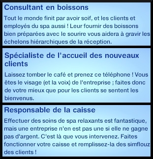 9 sims 3 carriere mi temps spa urbain receptionniste consultant boissons specialiste accueil nouveaux clients vendeur forfait spa