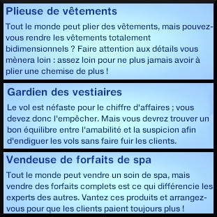 11 sims 3 carriere mi temps spa urbain specialiste plieur vetement gardien vestiaire vendeur forfait spa