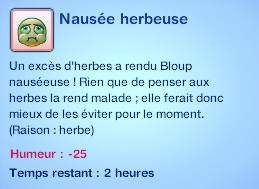 Sims 3 compétence jardinage moodlet nausée herbeuse herbe