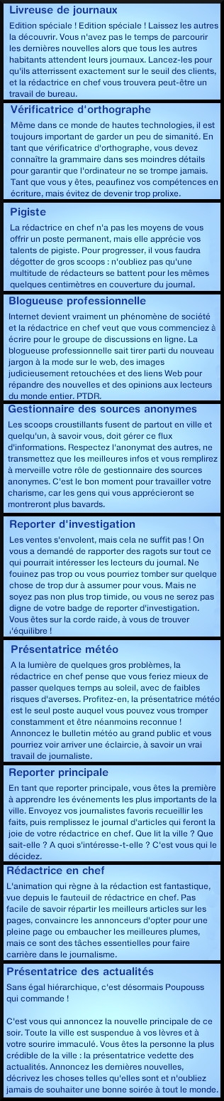 7 sims 3 carriere journalisme affaires echelons description