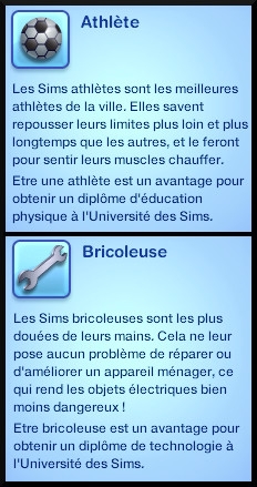 3 sims 3 carriere sportif militaire traits caractere atlhéte bricoleur