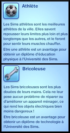 3 sims 3 carriere sportif militaire traits caractere atlhéte bricoleur