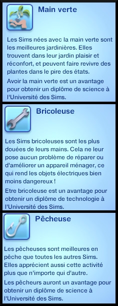 3 sims 3 carriere scientifique medecine trait caractere main verte pecheur bricoleur