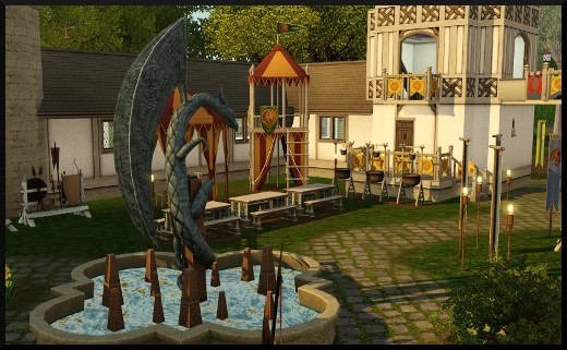 88 sims 3 store dragon valley Foire de la Renaissance Duc des arcs et archets vue fontaine