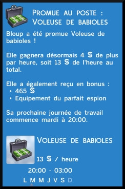 8 sims 4 jeu de base carriere criminelle niveau 2 voleuse babioles message promotion