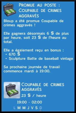 18 sims 4 jeu de base carriere criminelle niveau 4 coupable de crimes aggravés message promotion