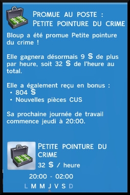 22 sims 4 jeu de base carriere criminelle niveau 5 petite pointure du crime message promotion