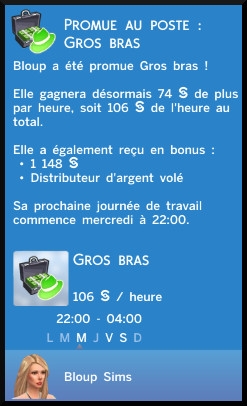 27 sims 4 jeu de base carriere criminelle branche patron niveau 6 gros bras message promotion