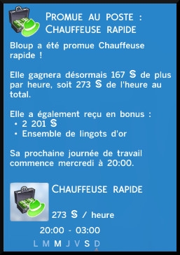 30 sims 4 jeu de base carriere criminelle branche patron niveau 7 chauffeuse rapide message promotion