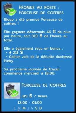 34 sims 4 jeu de base carriere criminelle branche patron forceuse de coffres niveau 8 message promotion