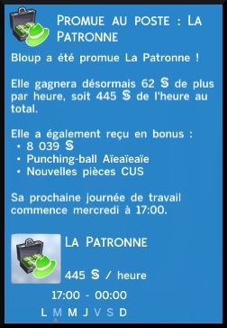 41 sims 4 jeu de base carriere criminelle branche patron niveau 10 la patronne message promotion