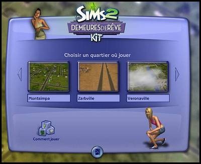 sims 2 quartiers de base panneau arrivée jeu choix montsimpa zarbville veronaville