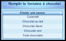1 sims 3 store cirque celebration Fontaine à chocolat Chutes de Choco par Miam S.A. choisir parfum interaction