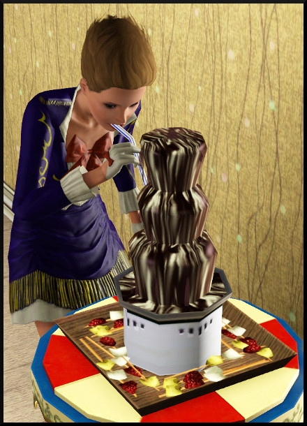 7 sims 3 store cirque celebration Fontaine à chocolat Chutes de Choco par Miam S.A. action boire paille