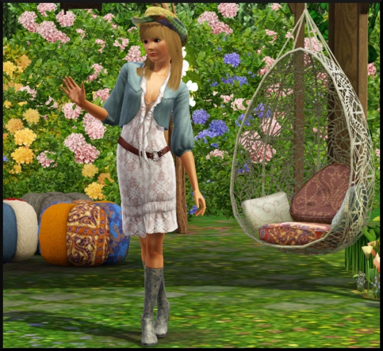 2 sims 3 store set jardin boheme adorable robe avec veste bottines disco frange droite chapeau