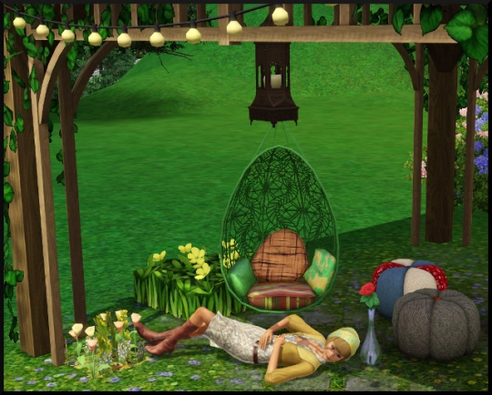 7 sims 3 store set jardin boheme Pouf en patchwork Hippie heureux Fauteuil suspendu Tissage merveilleux