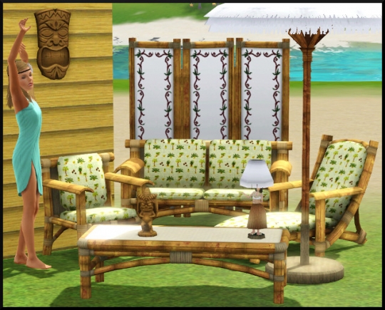 5 sims 3 store tiki Fête d'extérieur salon salle à manger table basse parasol paravent fauteuil sofa chaise longue